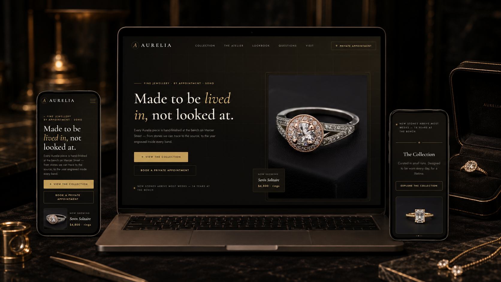 Preview of the Aurelia jewellery website — a diamond ring