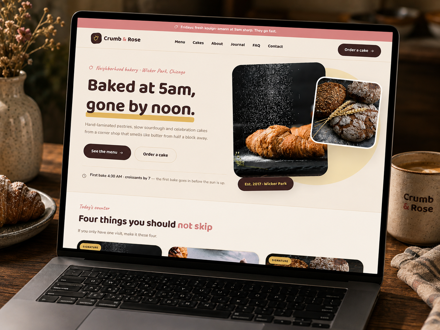 Preview of the Crumb & Rose bakery website — fresh croissants