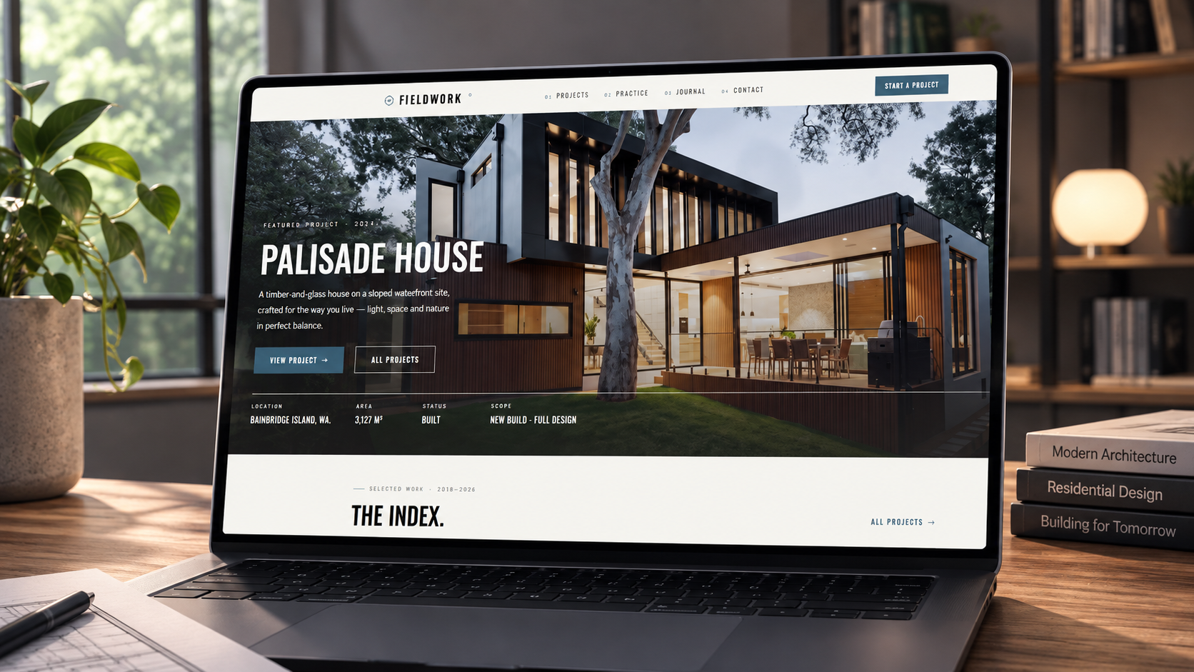Preview of the Fieldwork architecture website — a modern house
