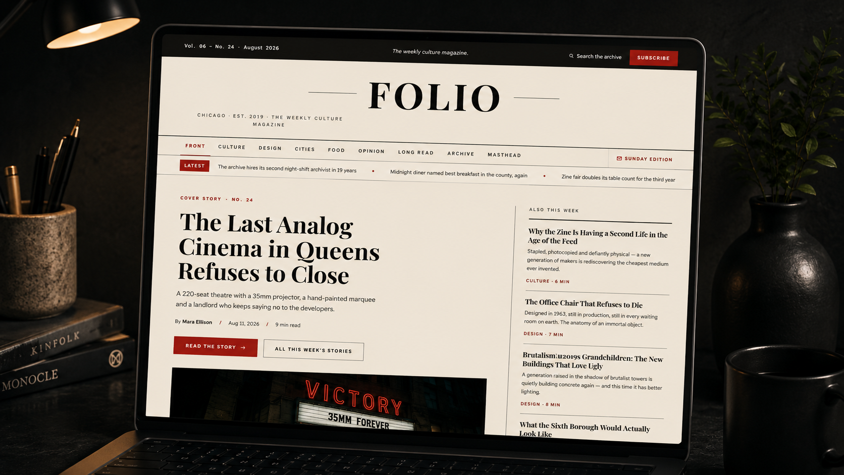Preview of the Folio magazine website — cinema seats facing a lit screen