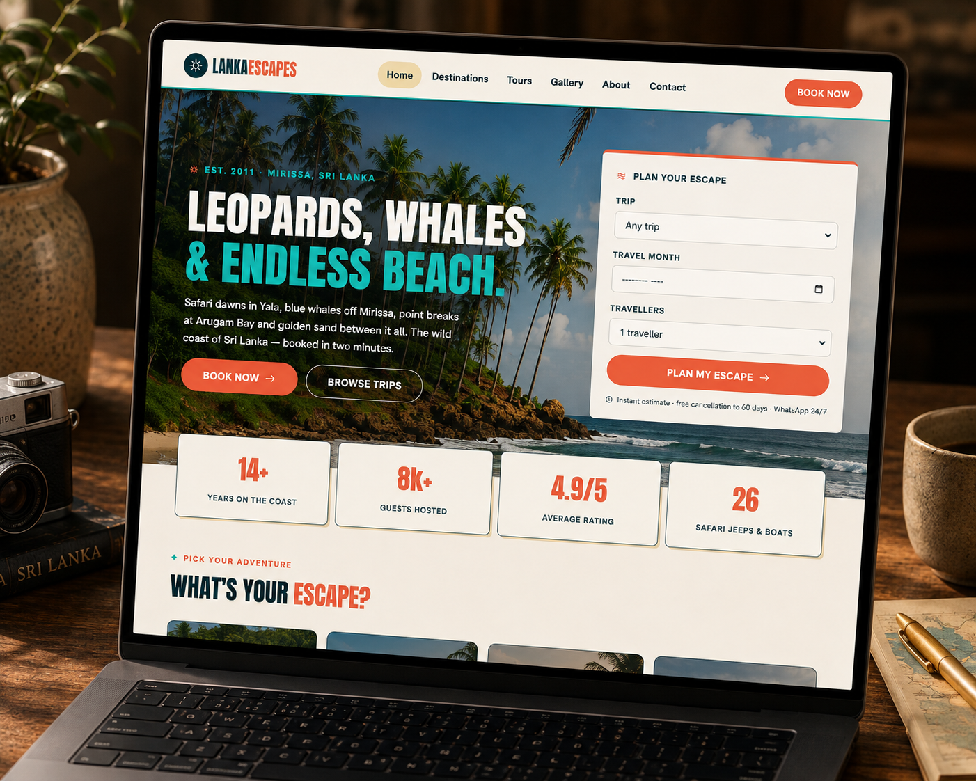 Preview of the Lanka Escapes travel website — a beach in Mirissa, Sri Lanka