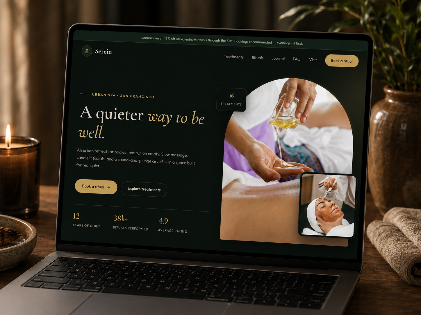 Preview of the Serein spa website — towels by candlelight