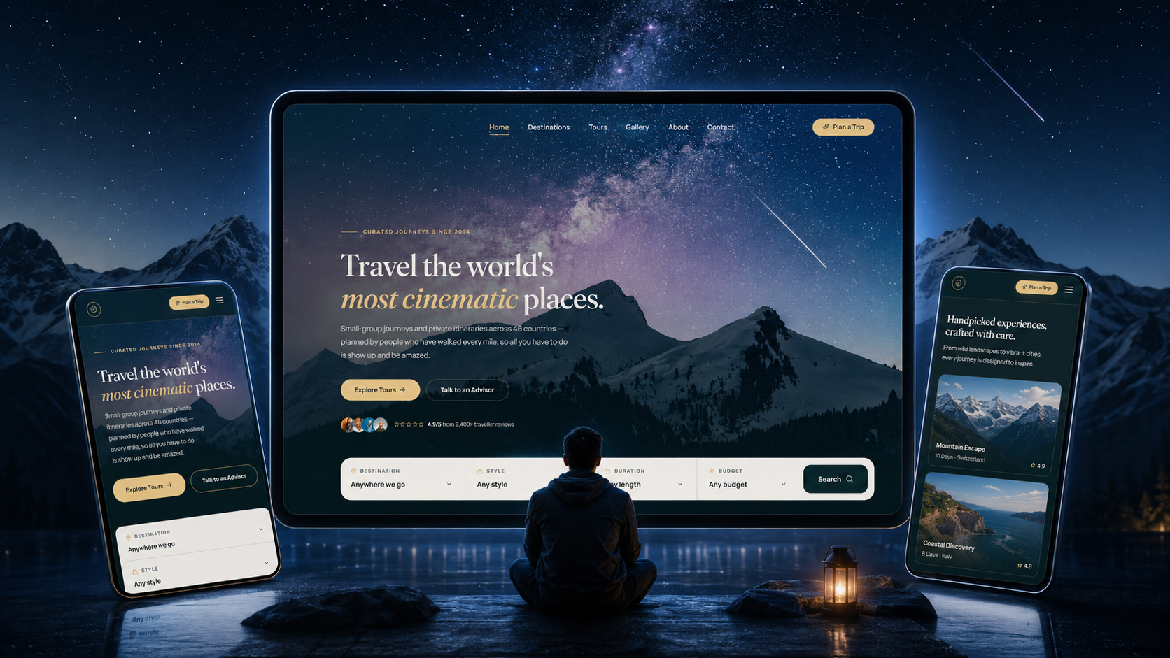 Preview of the WanderCrest travel website — a mountain night sky
